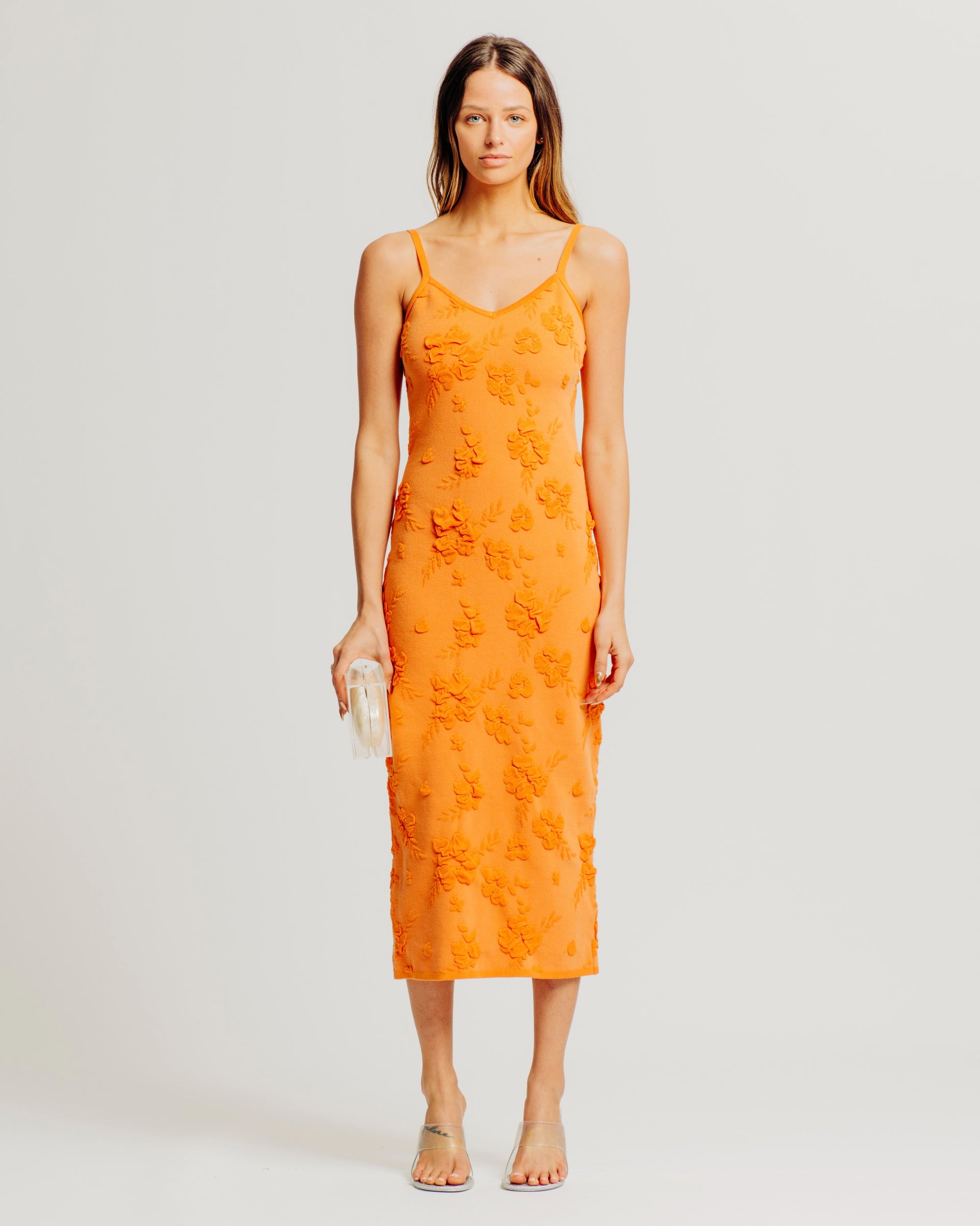 saira midi dress in orange sorbet SARA DRESS – Torn By Ronny Kobo